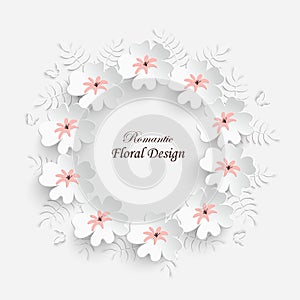 Paper flower. Frame with abstract cut flowers. White roses, lotus . Wedding decorations