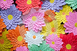 Paper flower. Glade of multi-colored flowers. Red curtain background . Valentine`s Day. Flowers of paper craft colorful backgroun