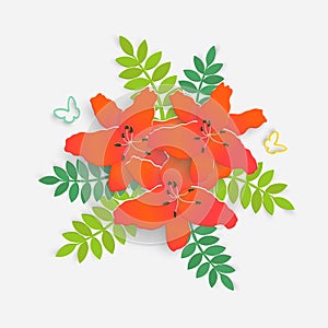 Paper flower with green leaves. Colorful, bright lilies are cut out of paper on a white background