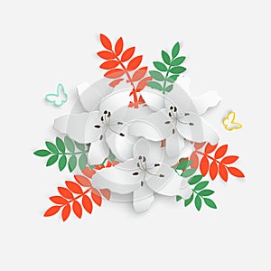 Paper flower with green leaves. Colorful, bright lilies are cut out of paper on a white background