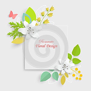 Paper flower with green leaves. Frame, colorful, bright lilies are cut out of paper on a white background