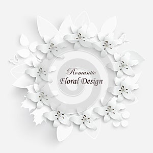 Paper flower with green leaves. Frame, colorful, bright lilies are cut out of paper on a white background