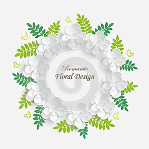 Paper flower with green leaves. Frame, colorful, bright roses are cut out of paper on a white background