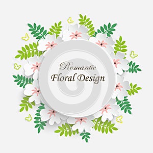 Paper flower with green leaves. Frame, colorful, bright roses are cut out of paper on a white background