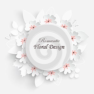 Paper flower with green leaves. Frame, colorful, bright roses, lotus are cut out of paper on a white background