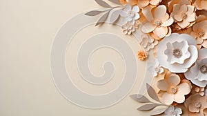 Paper flowers on beige background with copy space. Abstract natural floral frame layout. Wedding invitation. International Women