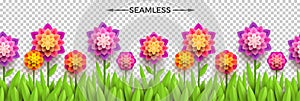 Paper flowers and grass on a checkered background