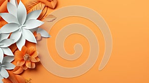 Paper flowers on orange background with copy space