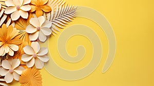 Paper flowers with palm leaves on yelllow background with copy space. Abstract natural floral frame layout. summer banner