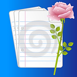 Paper folias and pink rose on a blue background