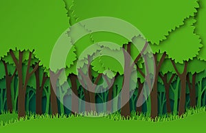 Paper forest. Green paper cut trees silhouettes, natural layered landscape. 3d origami ecosystem abstract vector concept photo