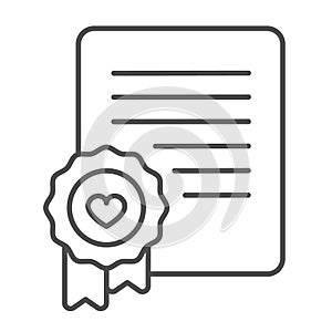 Paper form with wax seal, heart and ribbons thin line icon, dating concept, questionnaire vector sign on white
