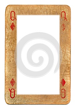 Paper frame from old playing card queen of diamonds isolated on white