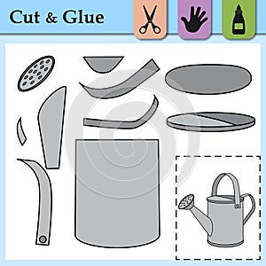 Paper game with Watering Can. Create the applique of gardening tool to water the plants and flowers use example. Cut and glue.