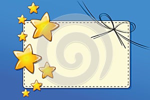 Paper gift voucher card with ribbons with golden stars on blue background
