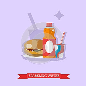 Paper glass and bottle of sparkling water with burger, vector