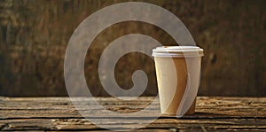 A paper glass of coffee with a lid stands on a wooden table