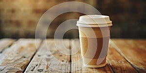 A paper glass of coffee with a lid stands on a wooden table