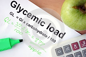 Paper with glycemic load formula.