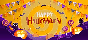 Paper Graphic of Happy Halloween fun party celebration background design. Halloween elements