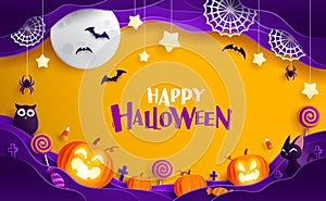 Paper Graphic of Happy Halloween fun party celebration background design. Halloween elements