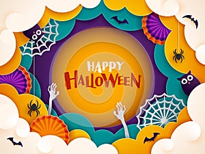 Paper Graphic of Happy Halloween fun party celebration background design. Halloween elements