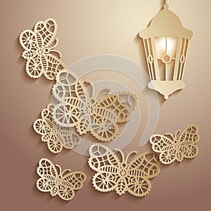 Paper graphics Illustration of lace butterflies flying to the light of a lantern.