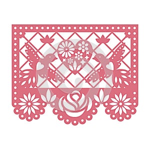 Paper greeting card with cut out flowers, Doves and heart. Papel Picado.