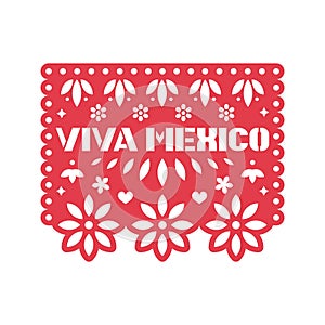 Paper greeting card with cut out flowers, geometric shapes and text Viva Mexico. Papel Picado. photo