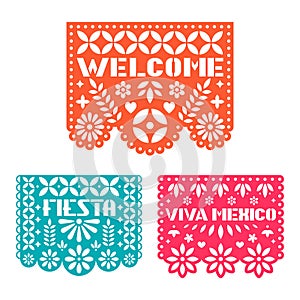 Paper greeting card with cut out flowers, shapes and text. Papel Picado vector template . photo