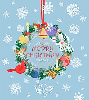 Paper greeting Christmas card with cut out xmas wreath with conifer green branches, cone, candle, little angel, balls, jingle bell