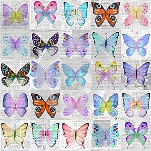 Paper grunge newsprint patchwork seamless pattern with colorful watercolor butterflies