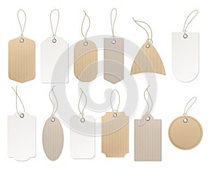 Paper hanging labels. Vintage blank craft organic white and brown price label tag vecor design template set for shop