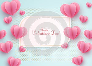 Paper heart on a blue luxury background Text Happy Valentine Day in a golden luxury frame Heart element a love symbol