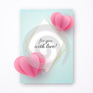 Paper heart on a blue luxury background Text For you with love in a golden luxury frame Heart element a love symbol for the design