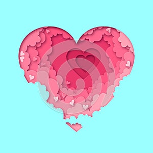 Paper heart with clouds illustration for Valentine`s day. Vector illustration in paper cut style for cards, backgrounds, banners,