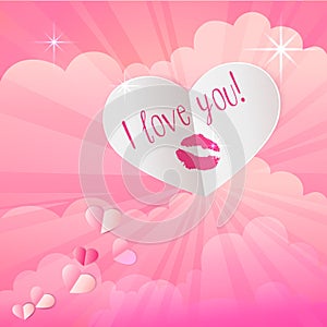 Paper heart with lipstick kiss print on pink background with clo