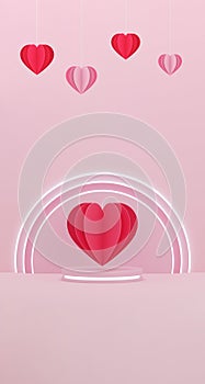 Paper heart on neon platform pink background. Valentines, mother or woman day concept