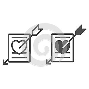 Paper with heart pierced with arrow, love message line and solid icon, dating concept, letter vector sign on white