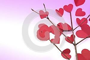 Paper hearts on the tree branches isolated on white with pink gradient background for Valentine's day. Love tree. Flat