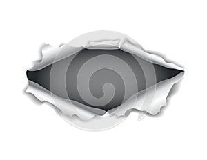 Paper hole. Realistic vector torn paper with ripped edges. Torn hole in the sheet of paper on a dark background. Vector