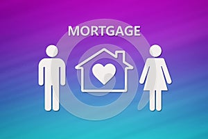 Paper house and family with mortgage text. Conceptual image