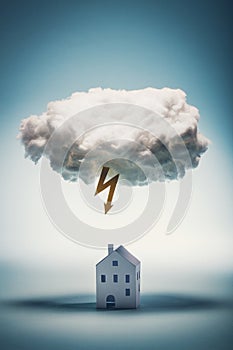 Paper house standing under a white cloud with yellow lightning