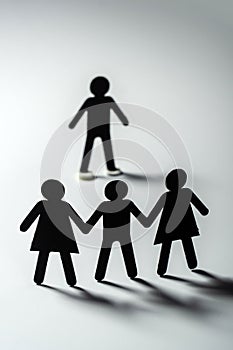 Paper human figure in front of three paper people holding hands on white surface. Bulling, conflict concept.