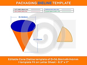 Paper ice cream cone dieline template D 56.8xH 146 mm