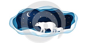 Paper illustration with polar bears going at night on the north pole.