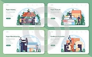 Paper industry web banner or landing page set. Wood processing and paper