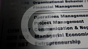 Paper with Key skills in business. Project management, communication and operations