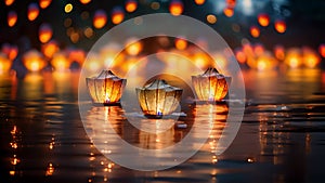 Paper lanterns float on dark water. Traditional Floating Lantern Festival, Memorial Day, loop