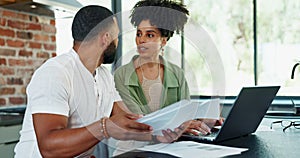 Paper, laptop and couple with argument for mortgage, loan application or financial documents. Man, woman and fight with